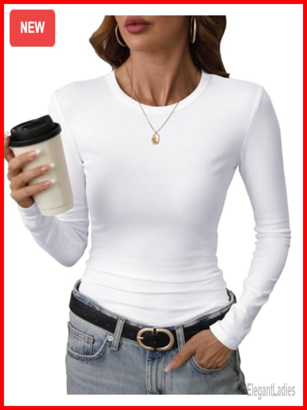Women's Crewneck Long Sleeve Slim Fitted Ribbed Knit Stretch Top T-Shirt